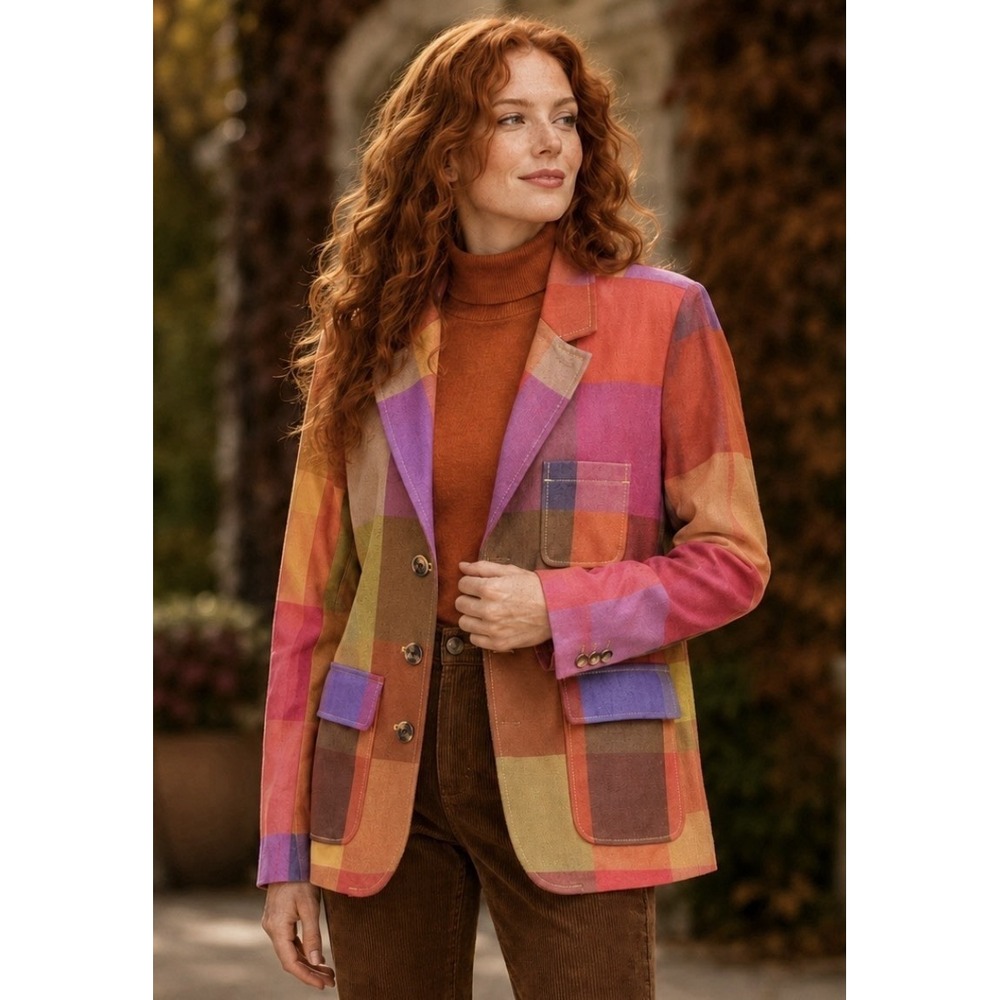 Liz Claiborne Size 8 Coat of Many Colors Patchwork Plaid Wool Blend Blazer